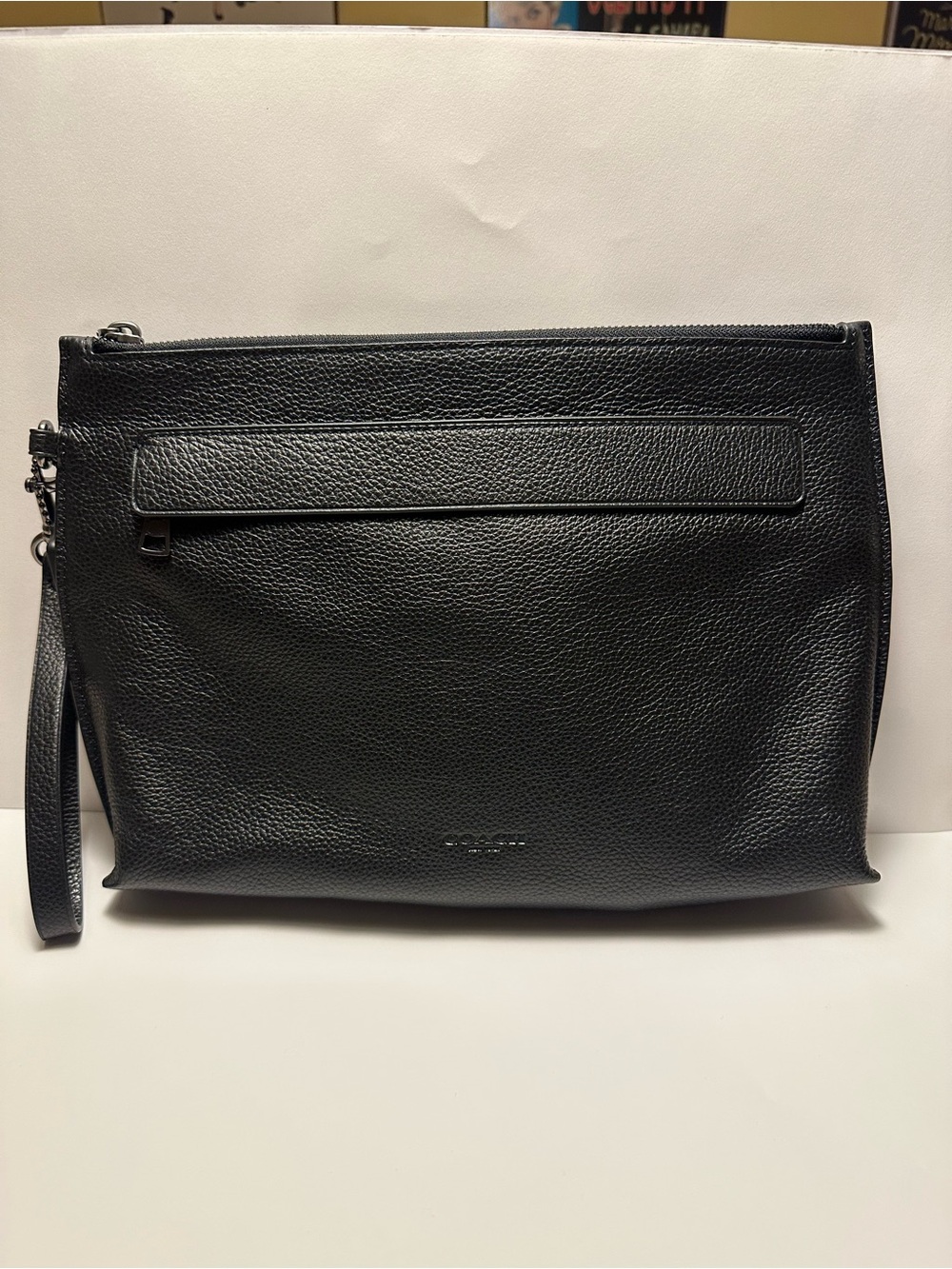 Oversized Black Leather Wristlet Clutch Bag